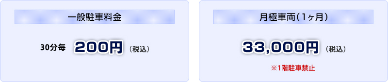 一般駐車料金：30分毎200円（税込）／月極車両（1ヶ月）33000円（税込）